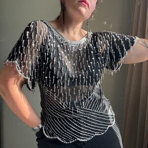 Vintage 90s Sheer Black Silver Beaded Sequin Dressy Top| Size Medium